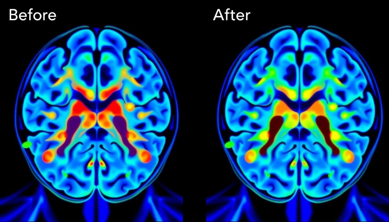 Before and after Oberon NLS scans showing improvement in adrenal function after stress management protocol