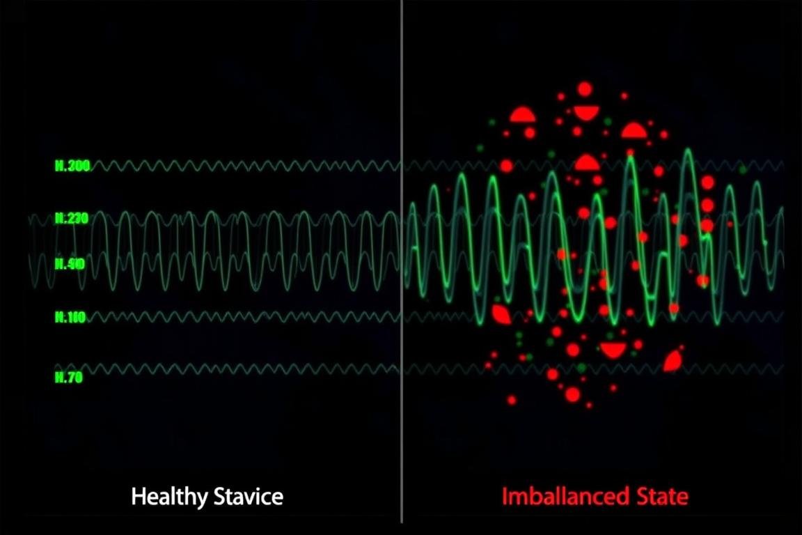 Cellular frequency patterns showing healthy vs. imbalanced states in Hunter Metatron analysis
