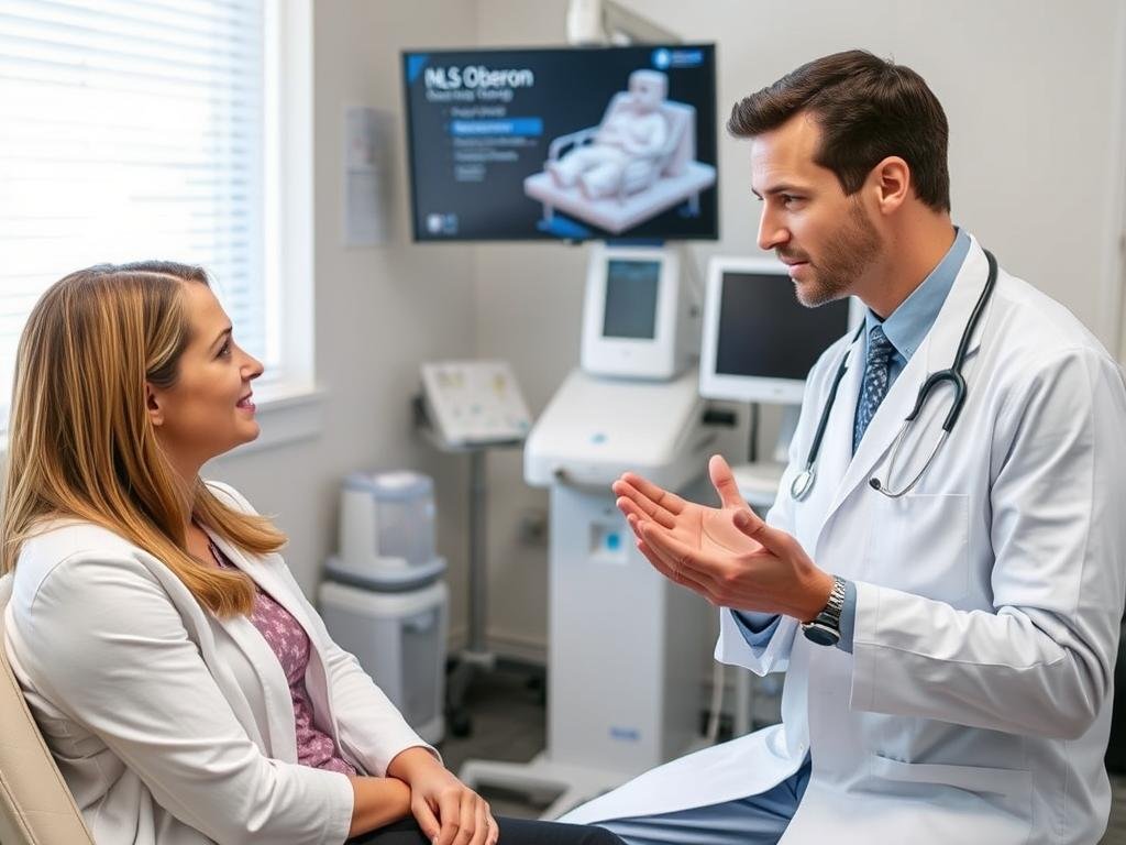 Healthcare professional answering questions about NLS Oberon screening