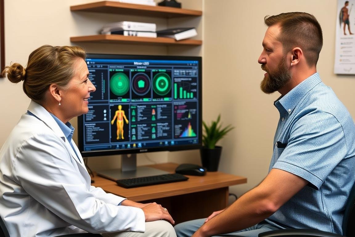 Healthcare professional reviewing Metatron Hunter 4025 results with a patient