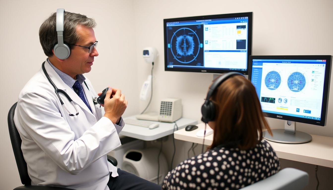 Healthcare professional using the NLS-Oberon Metatron Hunter with a patient Healthcare professional using the NLS-Oberon Metatron Hunter with a patient