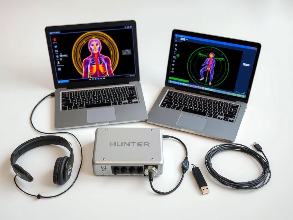 Hunter Metatron 4025 device with all components including headphones, main unit, and software interface