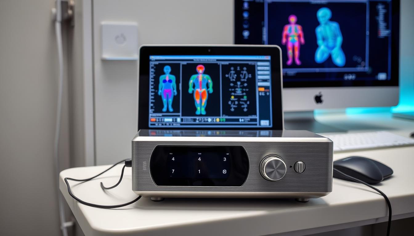 Hunter Metatron Bioresonance device with headphones and diagnostic display showing body scan