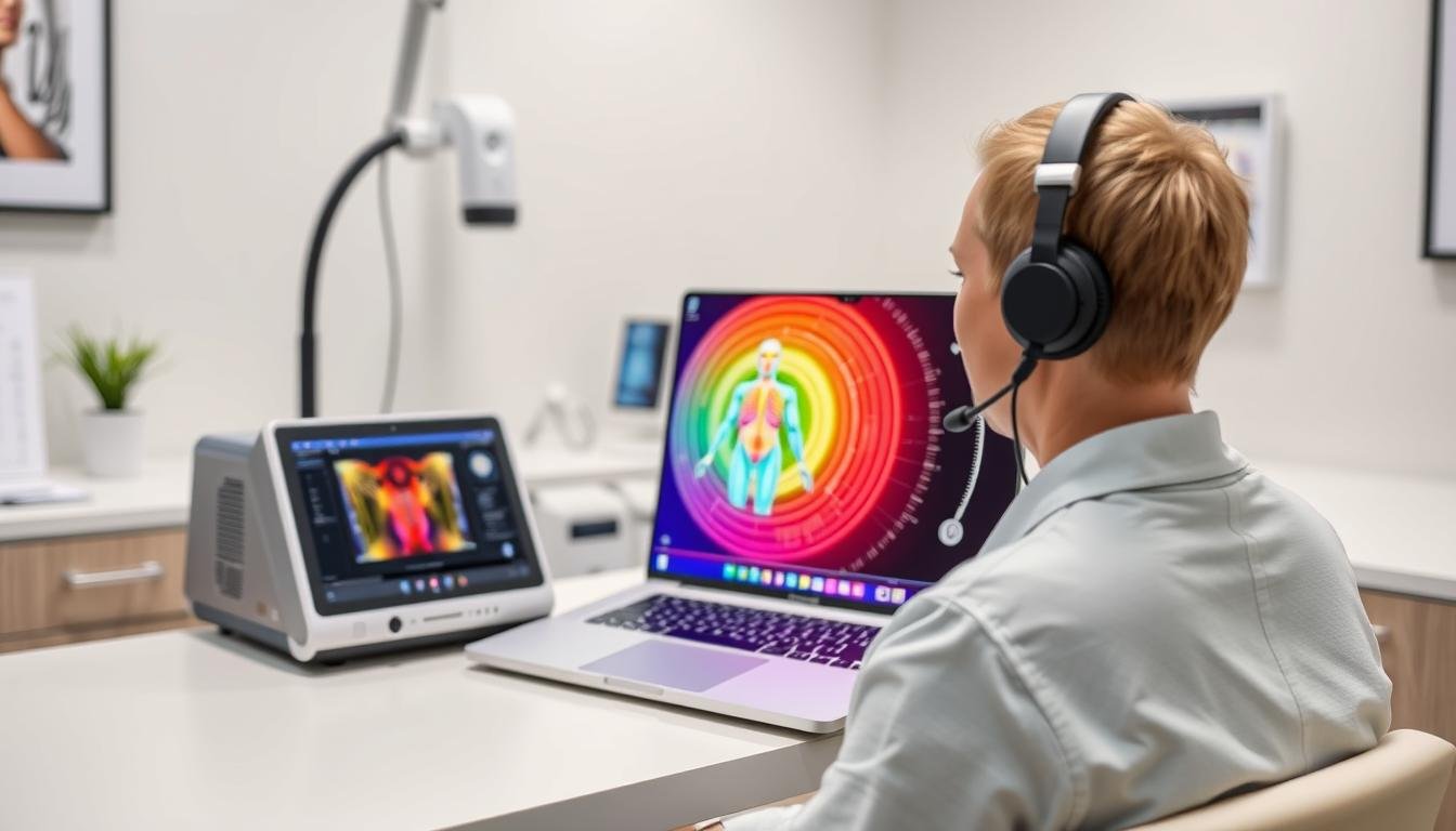 Hunter Metatron Bioresonance device with headset and computer interface showing body scan