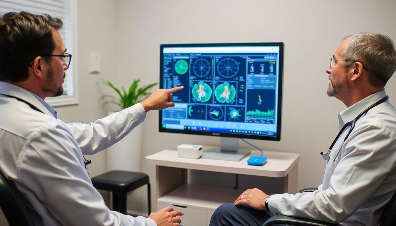 Medical professional analyzing NLS-Oberon Metatron Hunter results with a patient Medical professional analyzing NLS-Oberon Metatron Hunter results with a patient