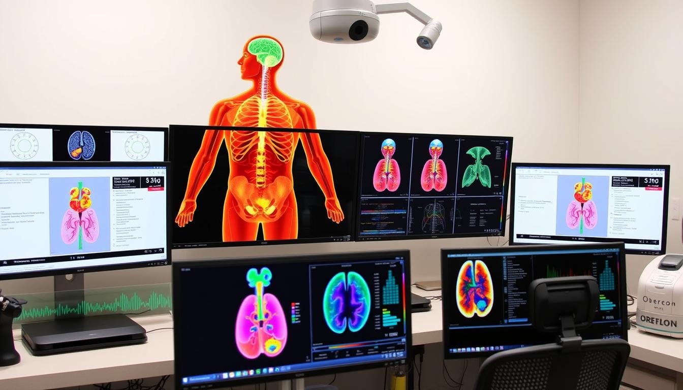 Multiple Oberon NLS Biofeedback system screens showing different body systems analysis