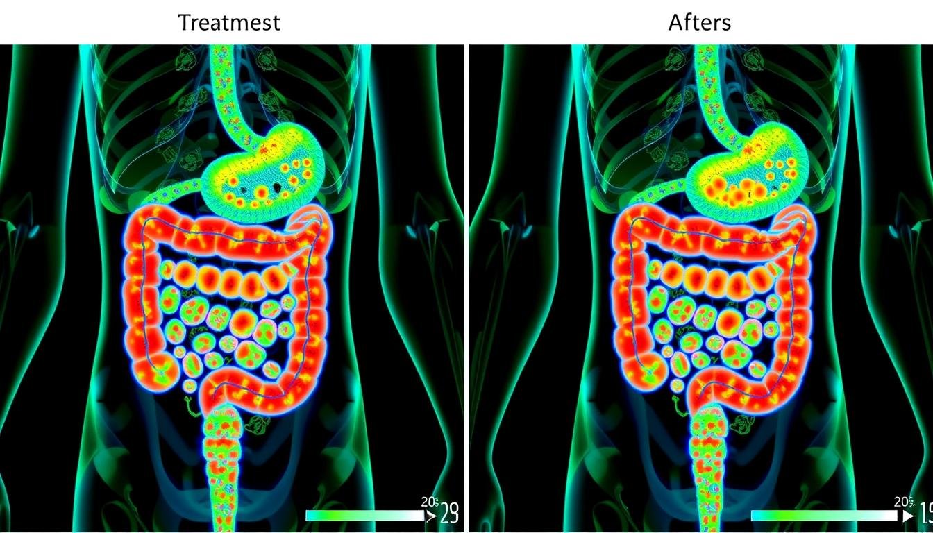 Oberon NLS scan showing intestinal flora imbalance and subsequent improvement after targeted protocol