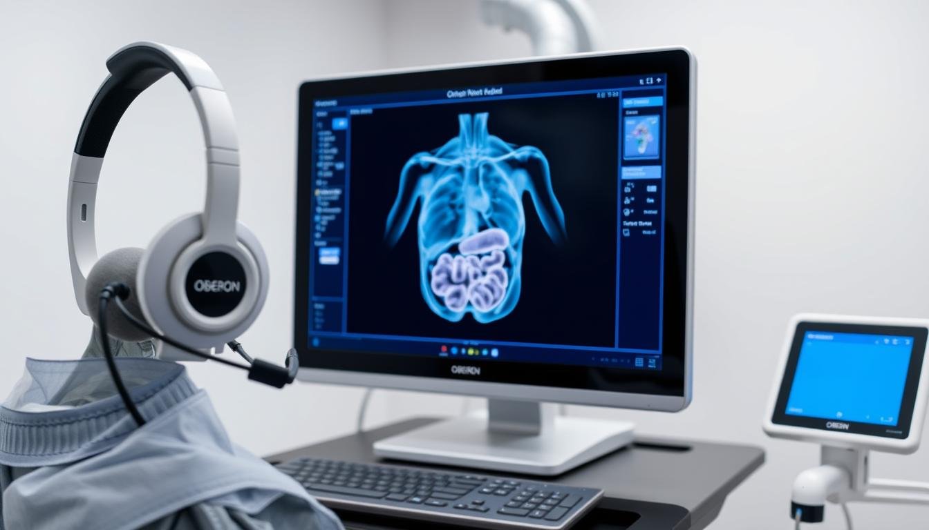 Oberon NLS system with headset and computer interface showing 3D organ modeling
