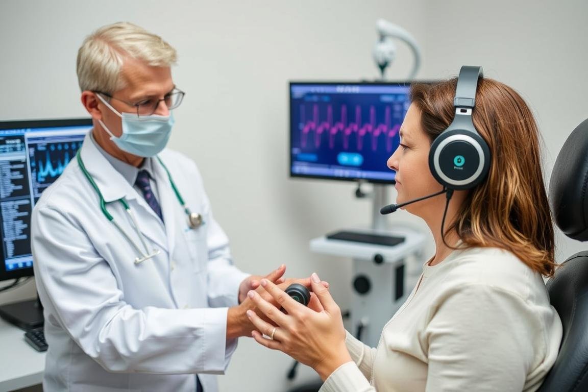 Patient undergoing Oberon NLS Analysis with headphones and hand sensors