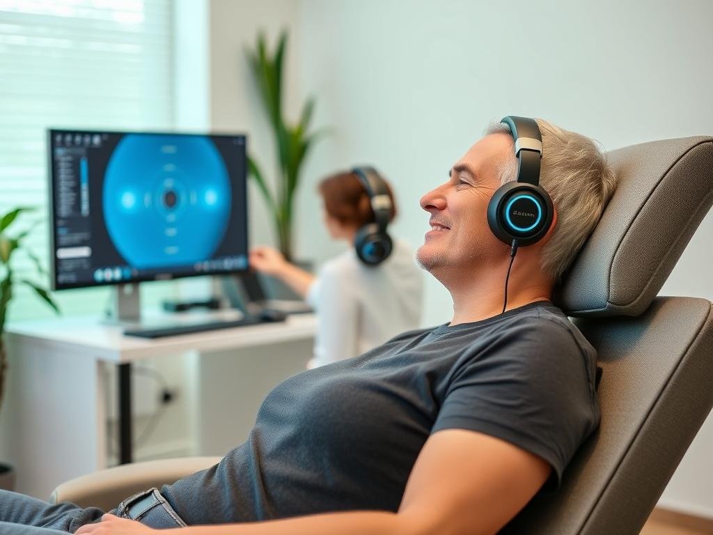 Patient undergoing painless Oberon NLS Biofeedback scan with headphones