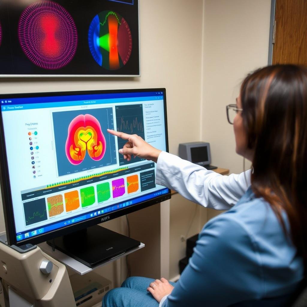 Practitioner analyzing Oberon NLS Biofeedback results with a client showing early detection capabilities