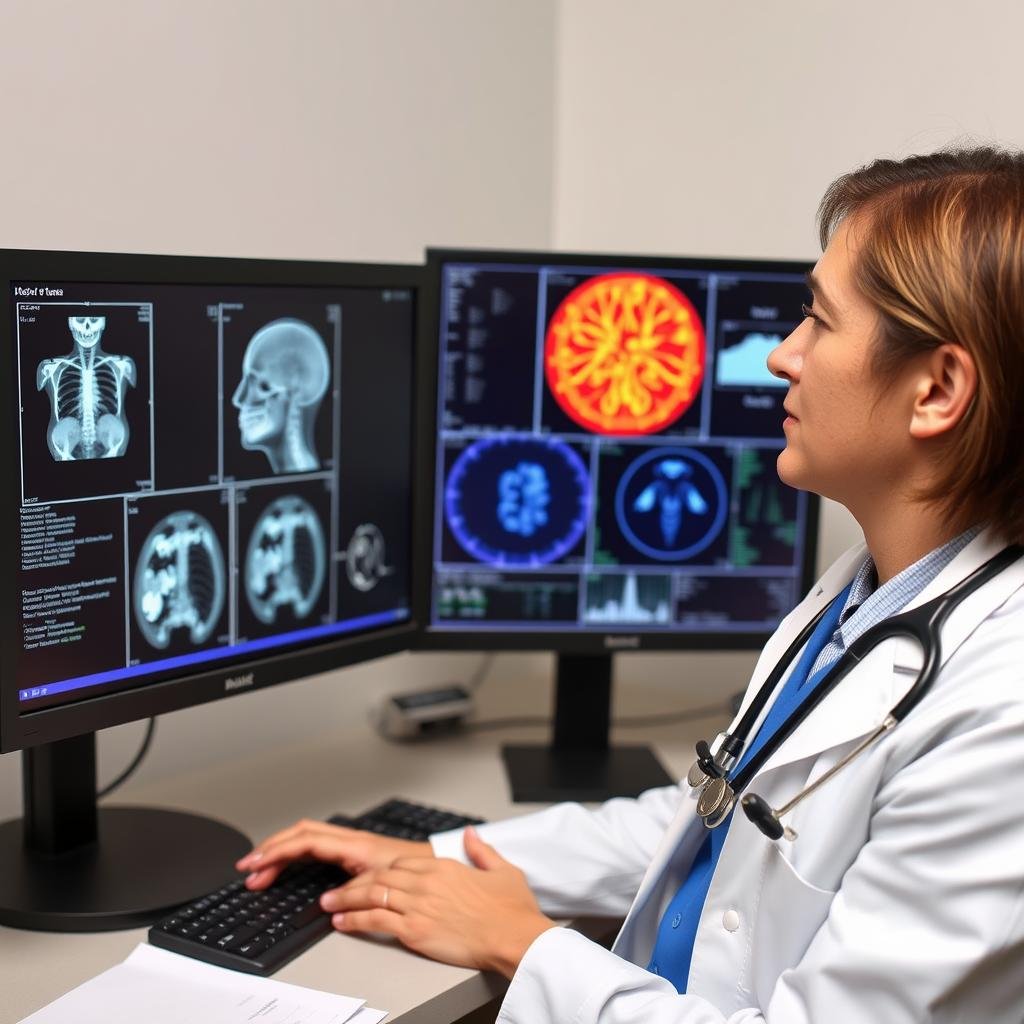 Practitioner reviewing both conventional and Metatron diagnostic results