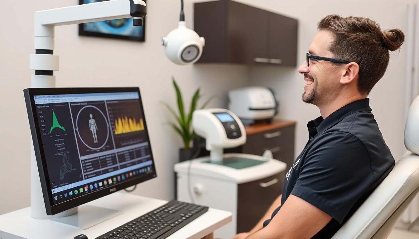 Satisfied practitioner using Oberon NLS system in professional setting