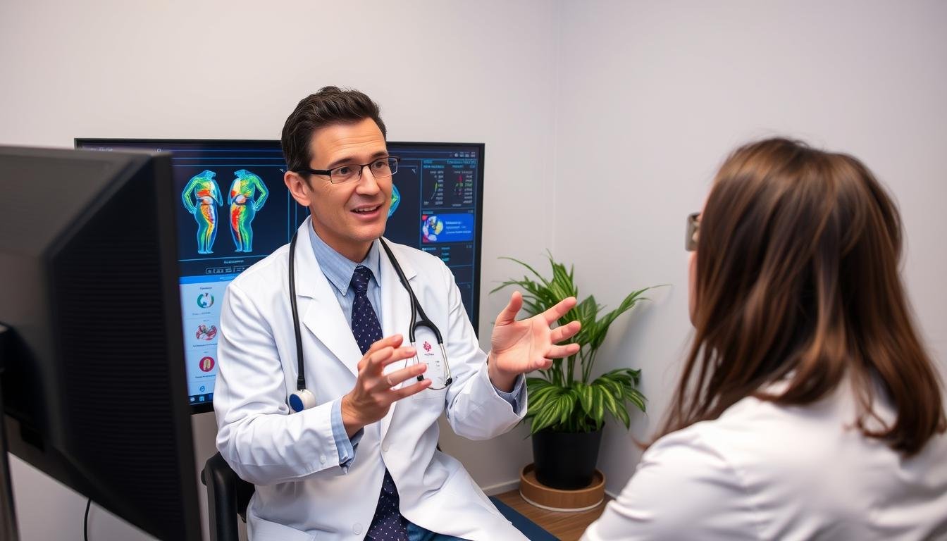 Therapeut erklärt einem Patienten die Oberon NLS Analyse Ergebnisse am Bildschirm Therapeut erklärt einem Patienten die Oberon NLS Analyse Ergebnisse am Bildschirm