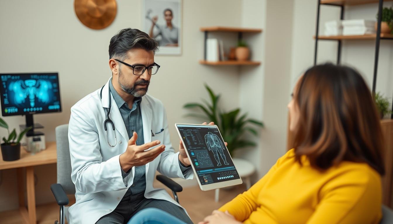 Therapeut und Patient besprechen Oberon NLS Analyse Ergebnisse in einer ganzheitlichen Praxis Therapeut und Patient besprechen Oberon NLS Analyse Ergebnisse in einer ganzheitlichen Praxis