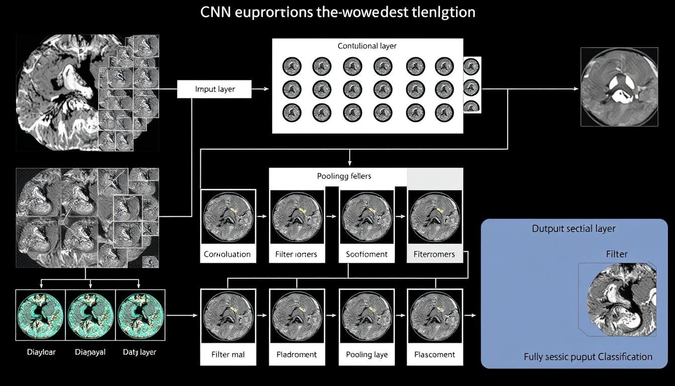CNN architecture diagram showing convolutional layers processing diagnostic imaging data in Machine Learning in Non Linear Diagnostic Systems