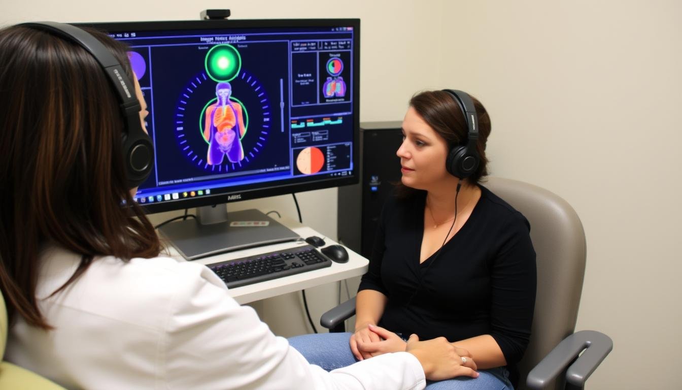 Client undergoing a Metatron Hunter 4025 NLS scan with headphones while practitioner monitors results