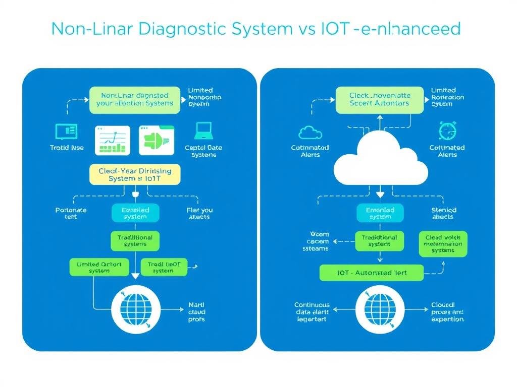 Comparison of traditional and IoT-enhanced Non Linear Diagnostic System workflows showing increased efficiency and data flow