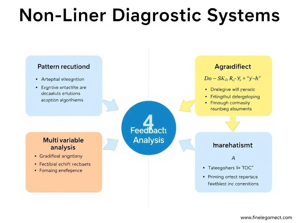 Diagram showing the core principles of Non Linear Diagnostic Systems including pattern recognition and adaptive algorithms