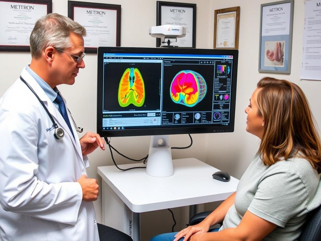 Healthcare professional explaining Metatron Hunter 4025 NLS scan results to patient
