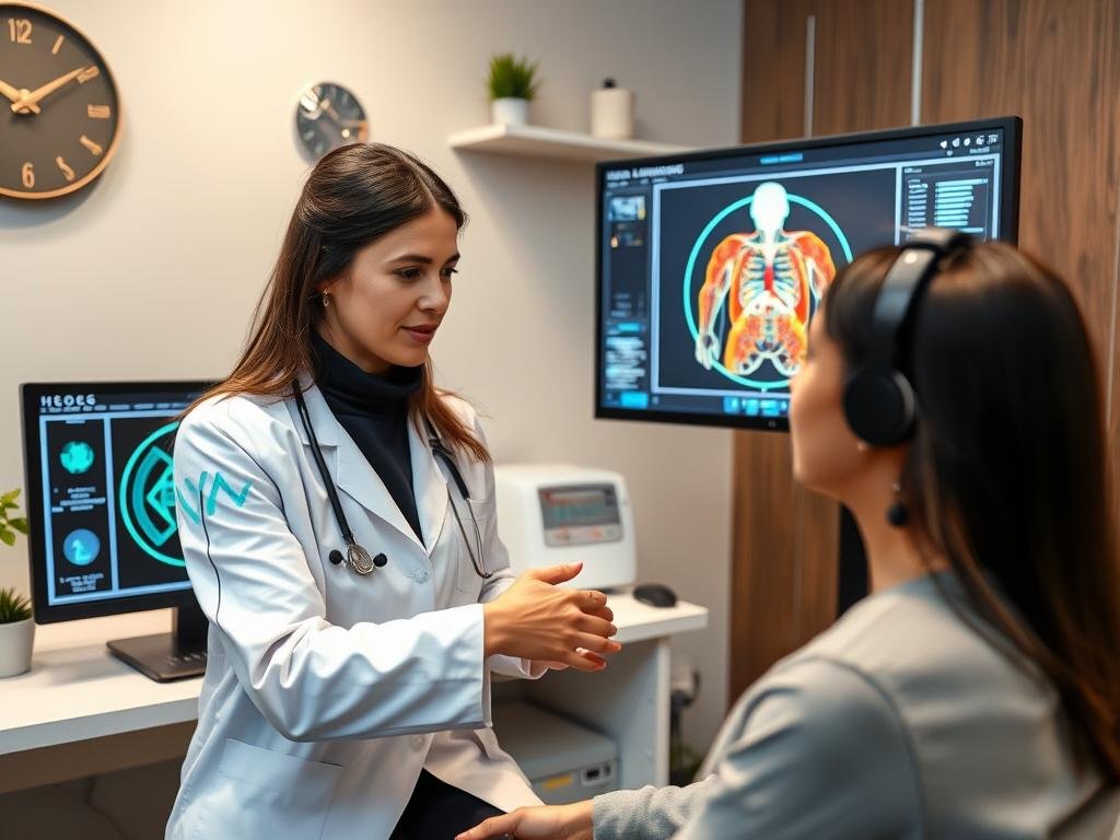 Healthcare professional using Non Linear Diagnostic System in a clinical setting