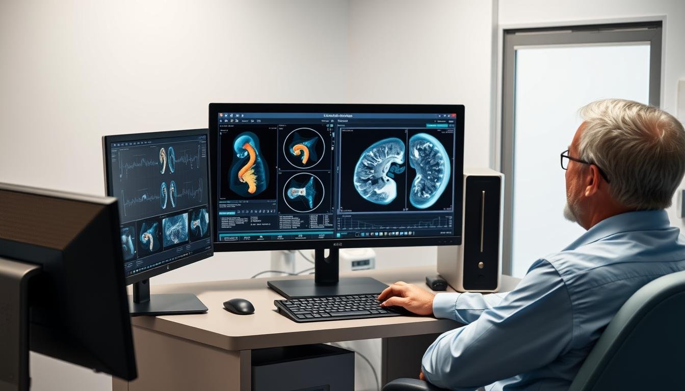 Healthcare professional using Non Linear Diagnostic System software with a patient