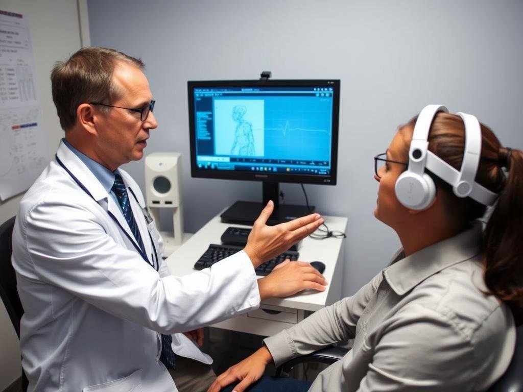 Healthcare professional using Non Linear Diagnostic System with patient