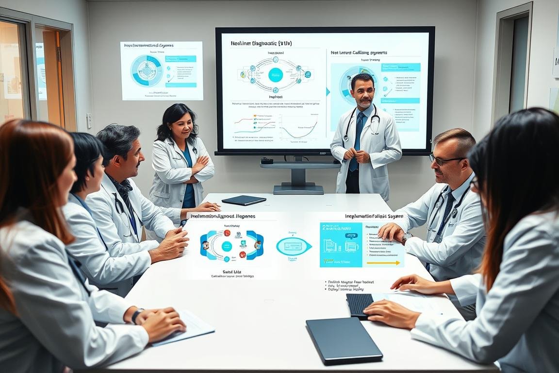 Healthcare professionals discussing implementation challenges