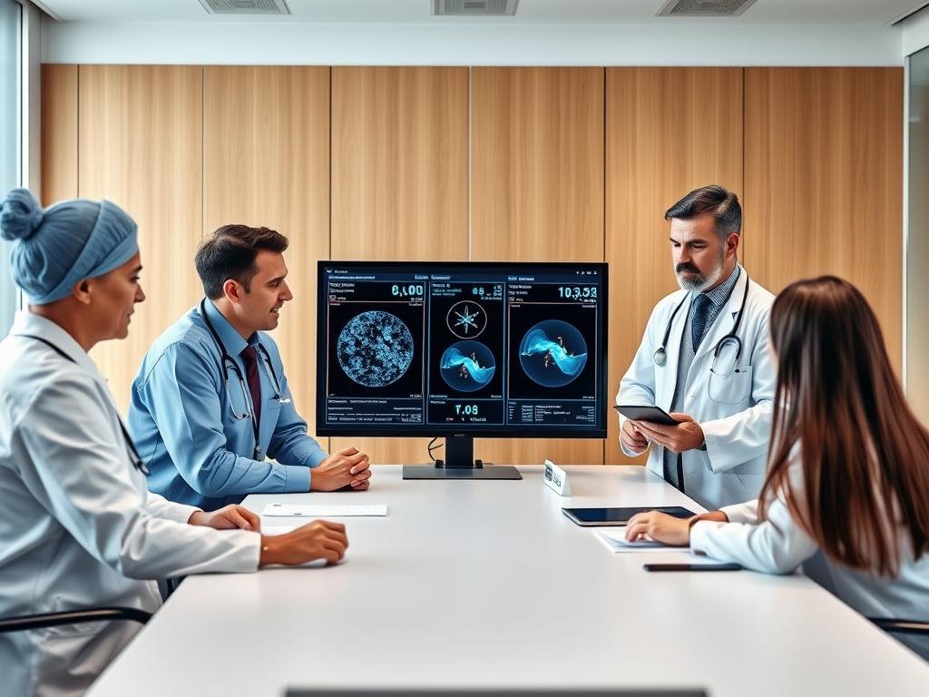 Healthcare professionals discussing results from a Non Linear Diagnostic System Healthcare professionals discussing results from a Non Linear Diagnostic System