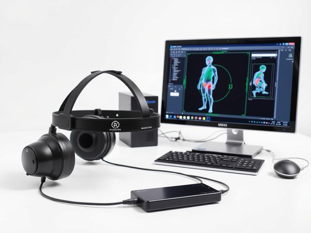 Non Linear Diagnostic System components showing headset and software interface