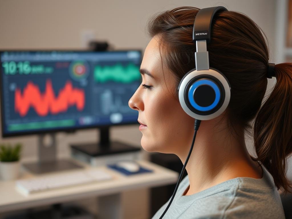 Patient comfortably using Metatron Hunter 4025 NLS headphones during diagnostic session
