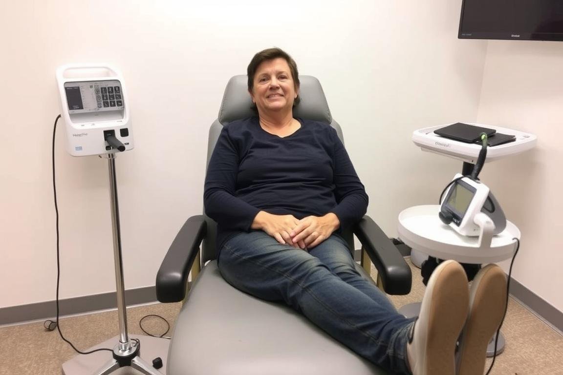 Patient preparing for Metatron Hunter 4025 NLS scan