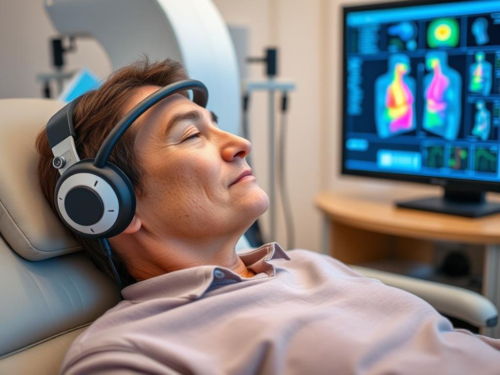 Patient undergoing Non Linear Diagnostic System scan with headset sensors