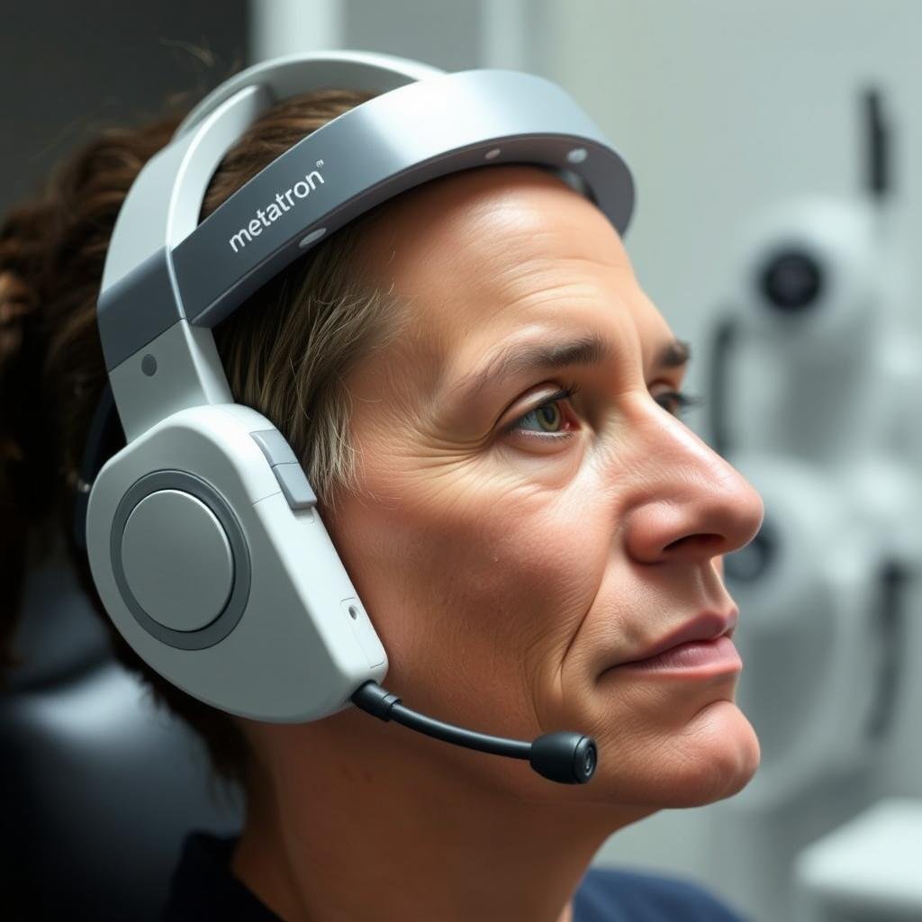Patient wearing Metatron Hunter 4025 NLS headset during scan