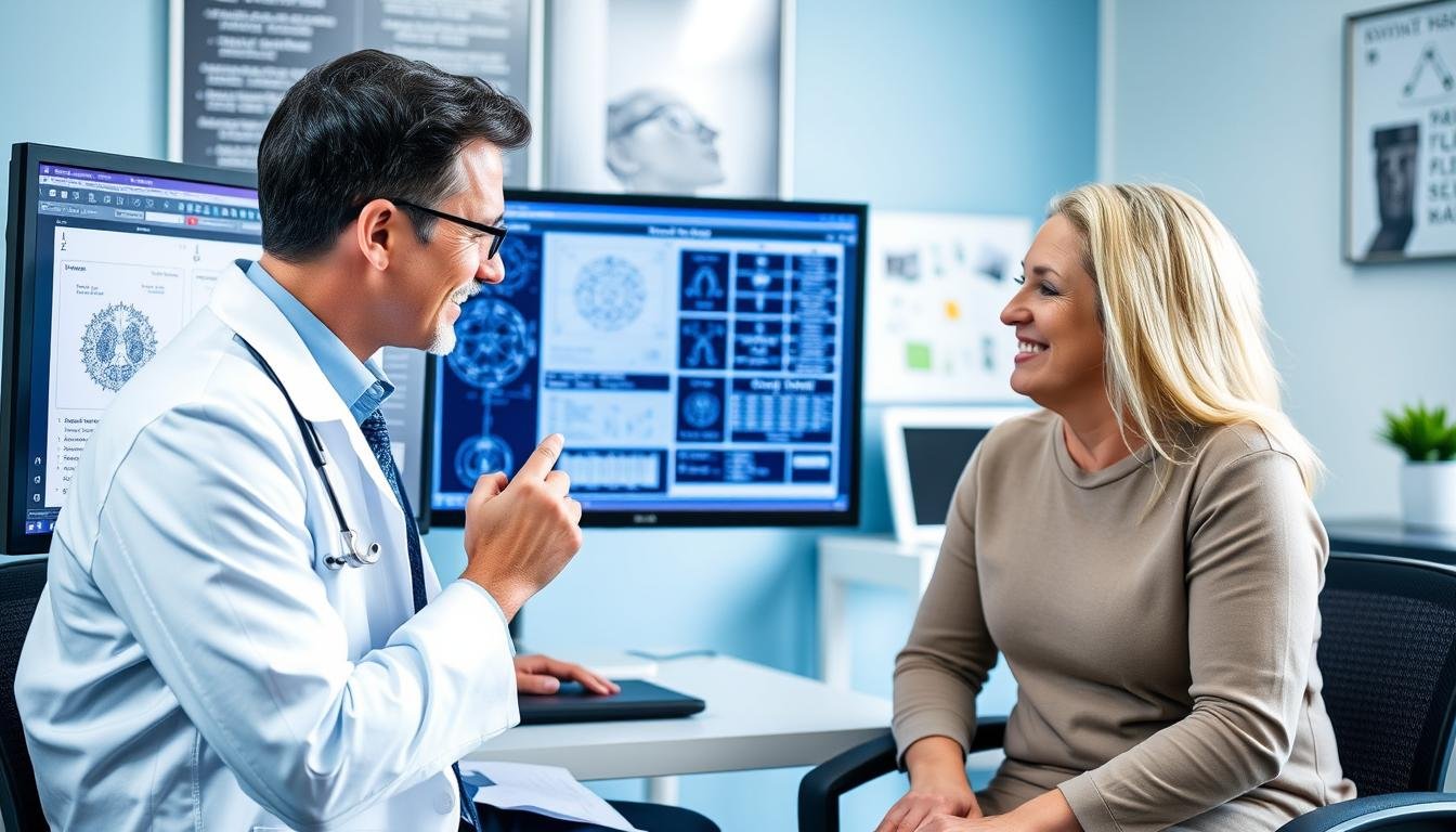 Practitioner analyzing Metatron Hunter 4025 NLS report with client