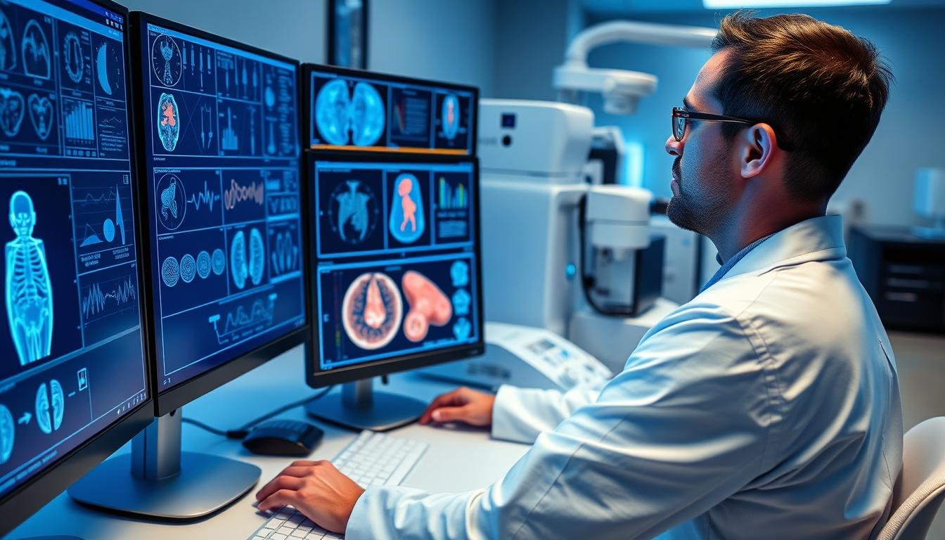 Researcher analyzing Non Linear Diagnostic System data in laboratory setting