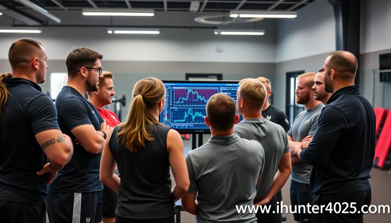 Athletes and coaches reviewing Metatron Hunter 4025 NLS results together