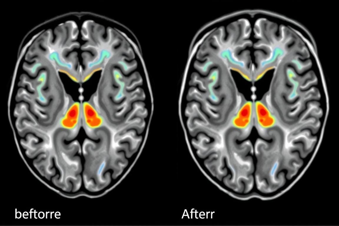 Before and after brain scans showing improvements in sleep-related brain regions