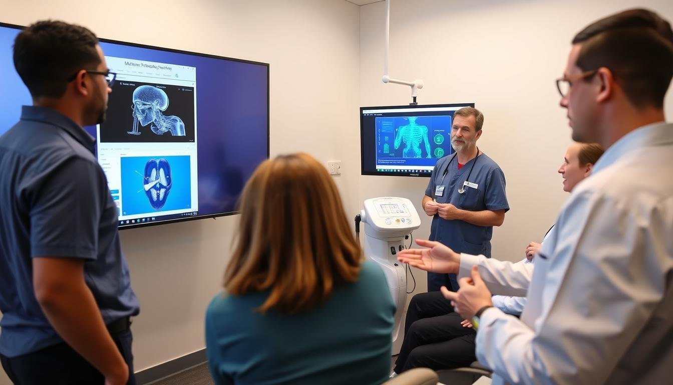Healthcare professional demonstrating Metatron Hunter 4025 NLS to colleagues