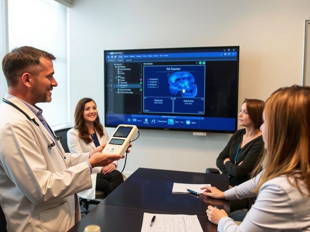 Healthcare professional demonstrating the Metatron Hunter 4025 NLS to medical colleagues in a clinical setting