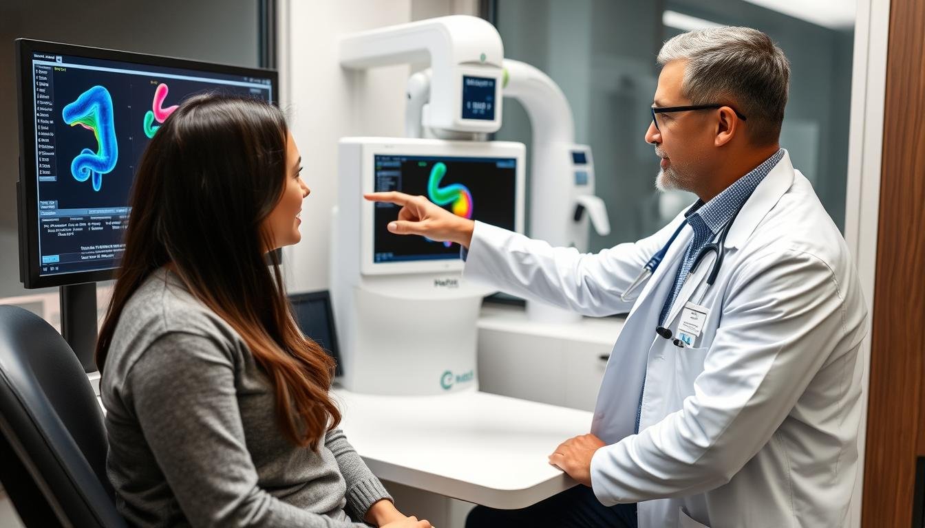 Healthcare professional explaining Metatron Hunter 4025 NLS results to patient