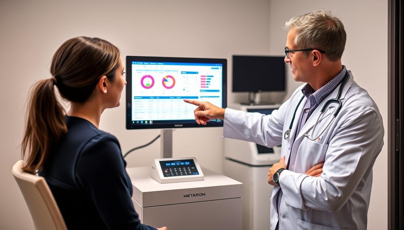 Healthcare professional reviewing Metatron Hunter 4025 NLS allergy test results with a patient