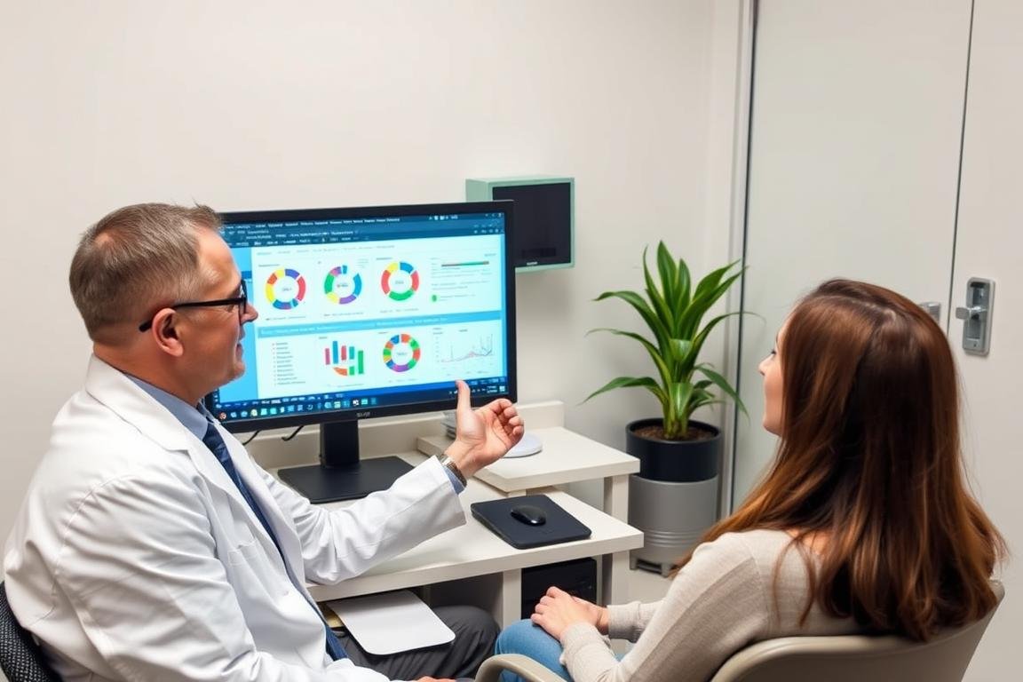 Healthcare professional reviewing vitamin deficiency results with a patient using Metatron Hunter 4025 NLS