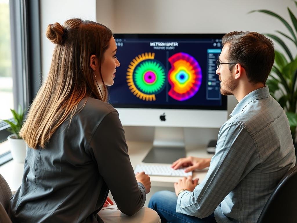 Holistic practitioner reviewing Metatron Hunter 4025 NLS results with client