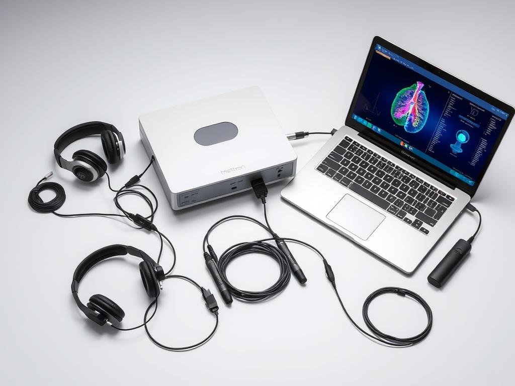 Metatron Hunter 4025 NLS system components including main device, headphones, and software interface
