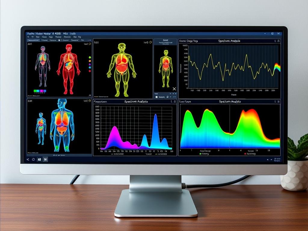 Multiple system analysis screens from Metatron Hunter 4025 NLS showing detoxification progress