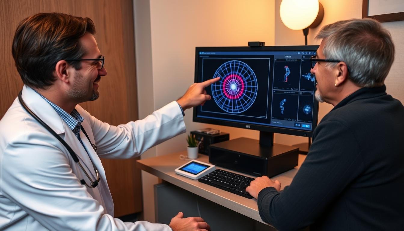 Practitioner reviewing Metatron Hunter 4025 NLS results with client