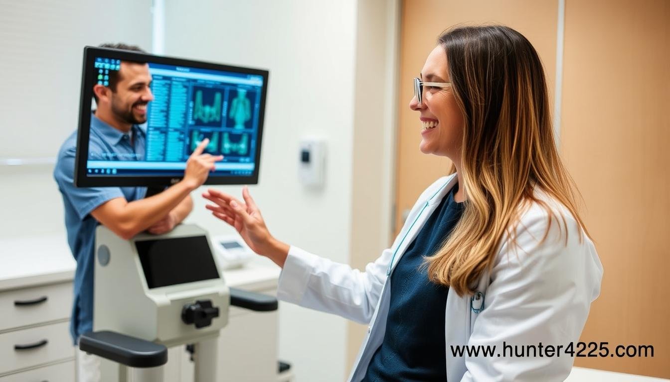 Professional using Metatron Hunter 4025 NLS in a clinical setting with satisfied client