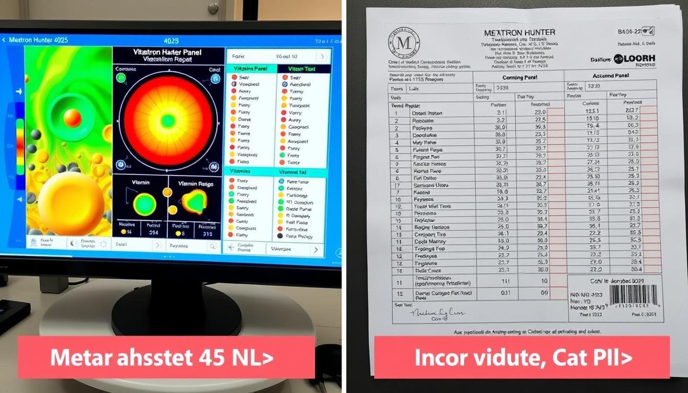 Side-by-side comparison of Metatron Hunter 4025 NLS vitamin analysis versus traditional blood test results