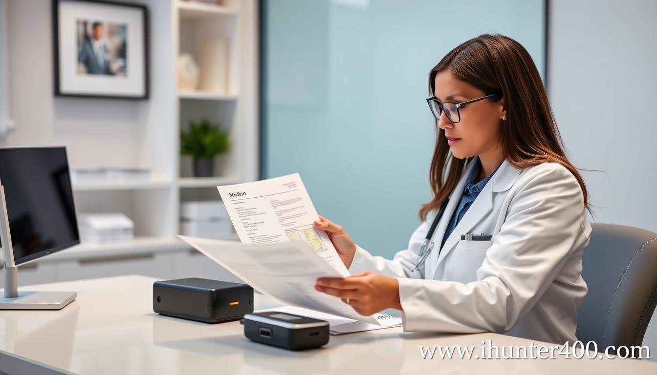 Medical professional reviewing Metatron Hunter 4025 NLS certification documentation